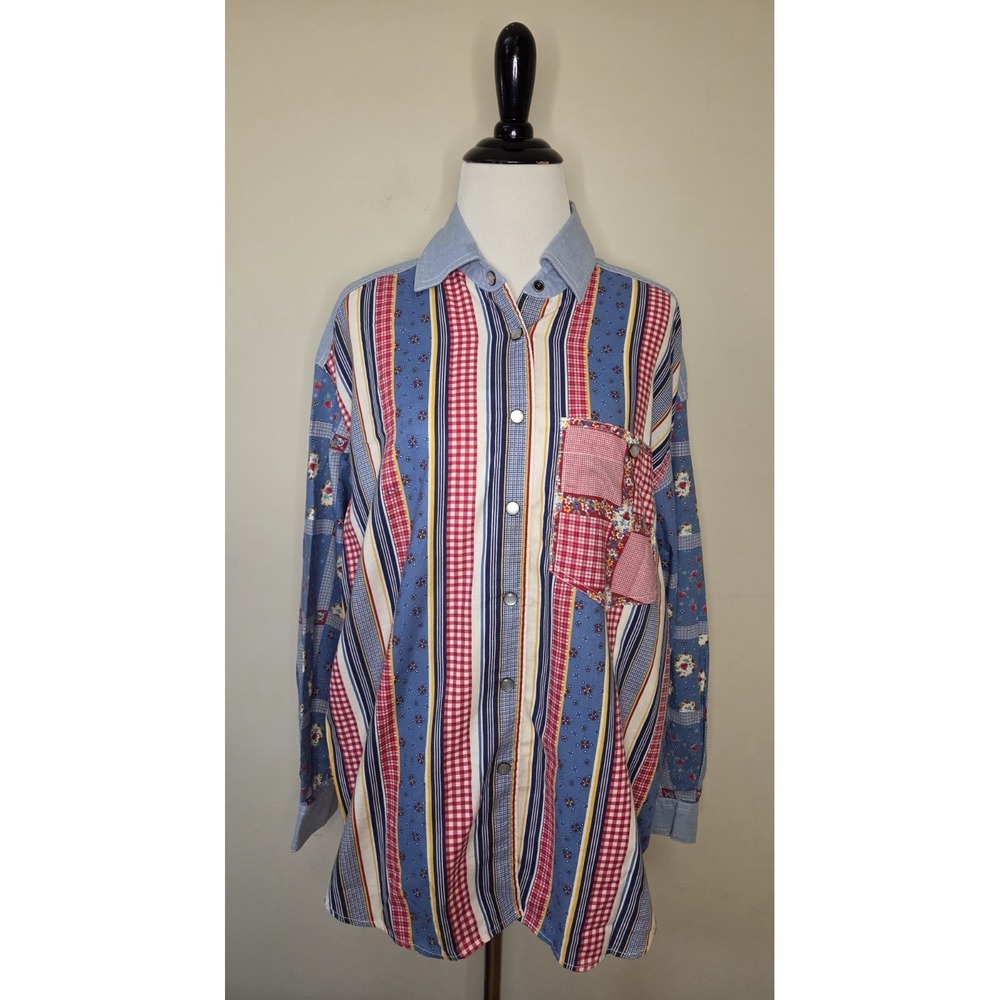 Vtg LizWear Cotton Patchwork Denim Button Down Shirt Western Snaps Grandmacore M